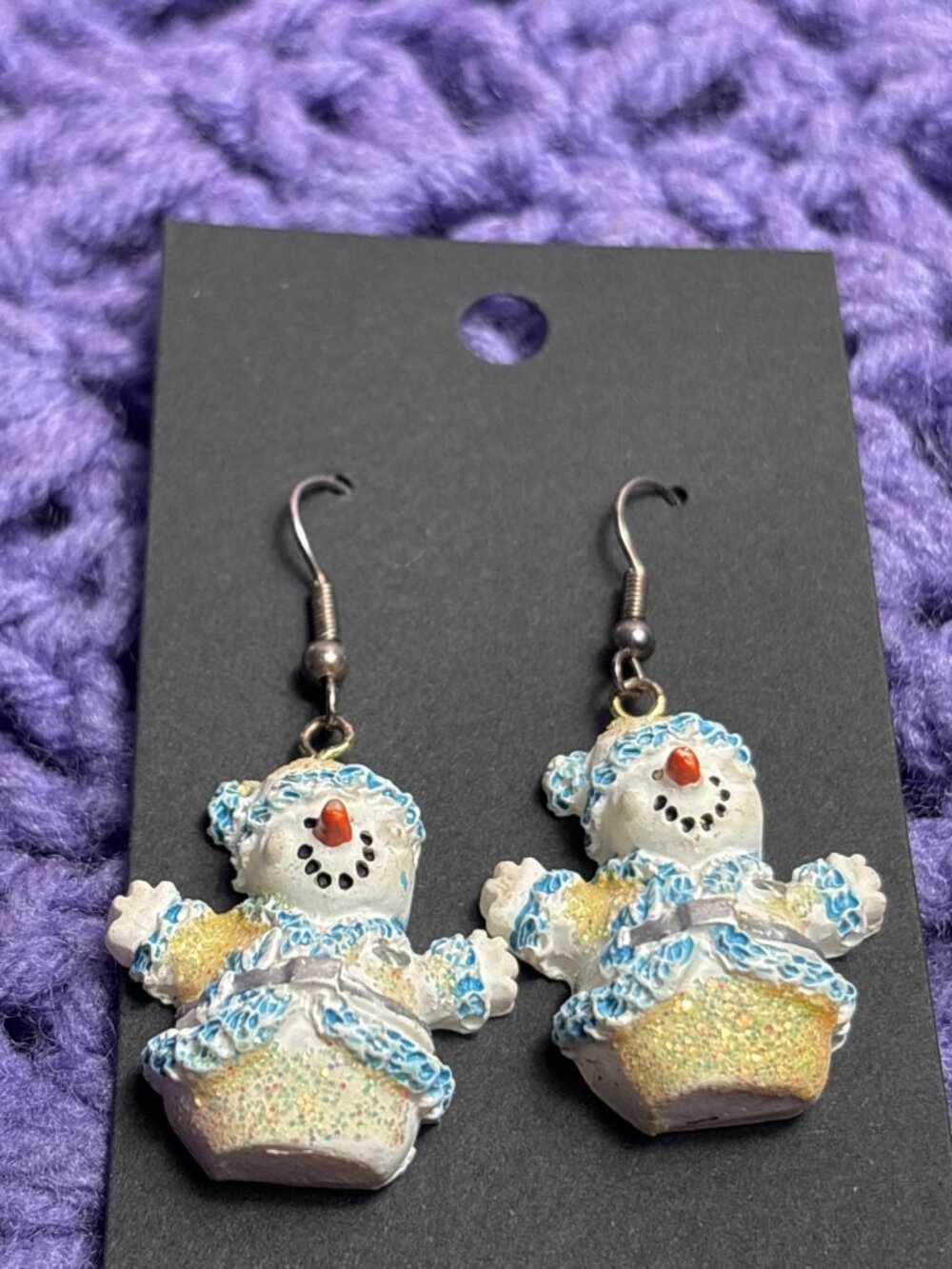 Festive Resin Snowman Dangle Earrings 1" Figure 1 1/2" Overall